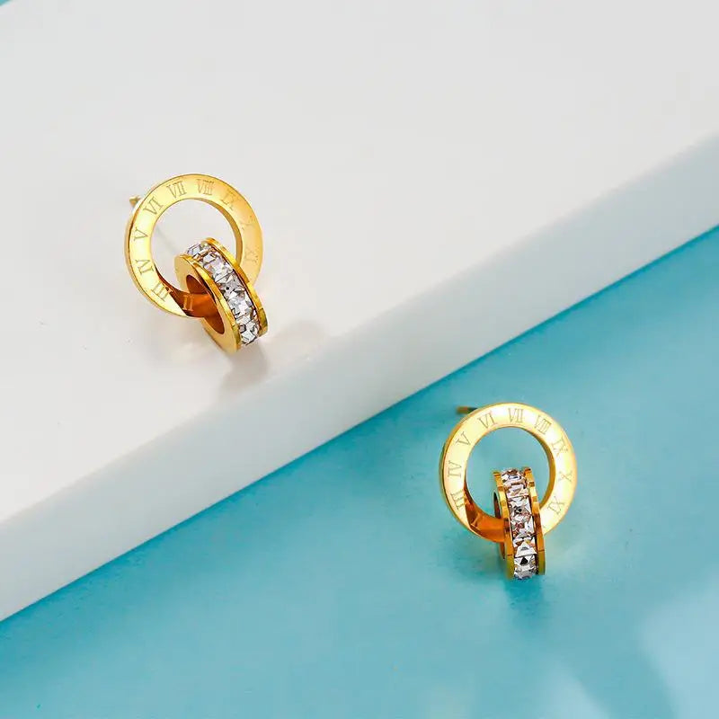 316 Stainless Steel Shine AAA CZ Diameter Roman Numeral Stud Earrings for Women High Quality Brand Jewelry