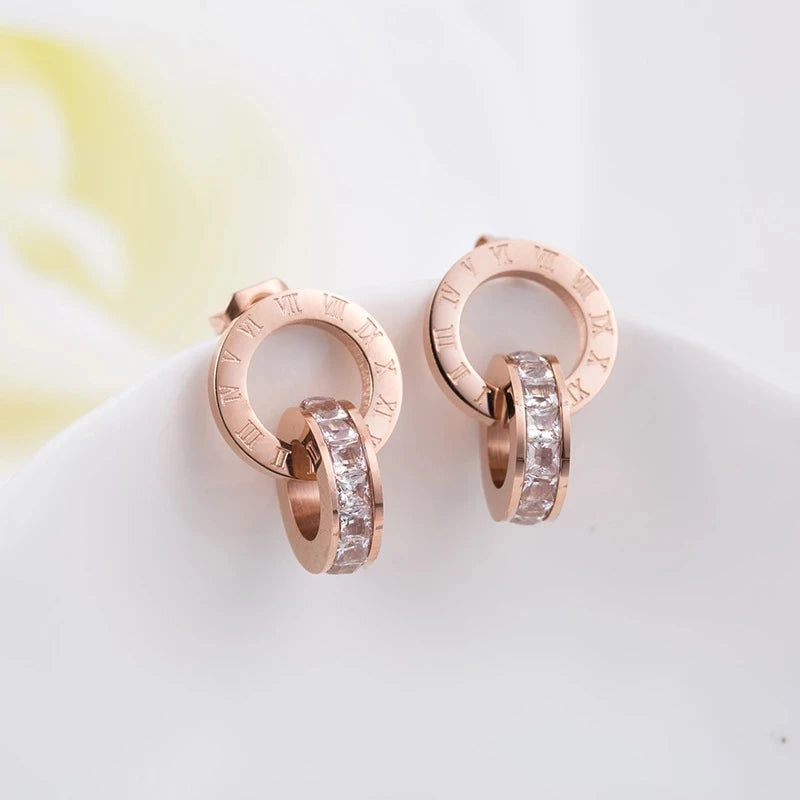 316 Stainless Steel Shine AAA CZ Diameter Roman Numeral Stud Earrings for Women High Quality Brand Jewelry