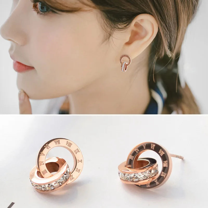 316 Stainless Steel Shine AAA CZ Diameter Roman Numeral Stud Earrings for Women High Quality Brand Jewelry