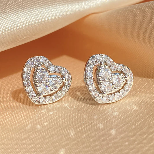 Loving Heart Zirconia Stud Earrings for Women Girls Silver Color Metal Crystal Ears Accessories Wedding Jewelry Gifts