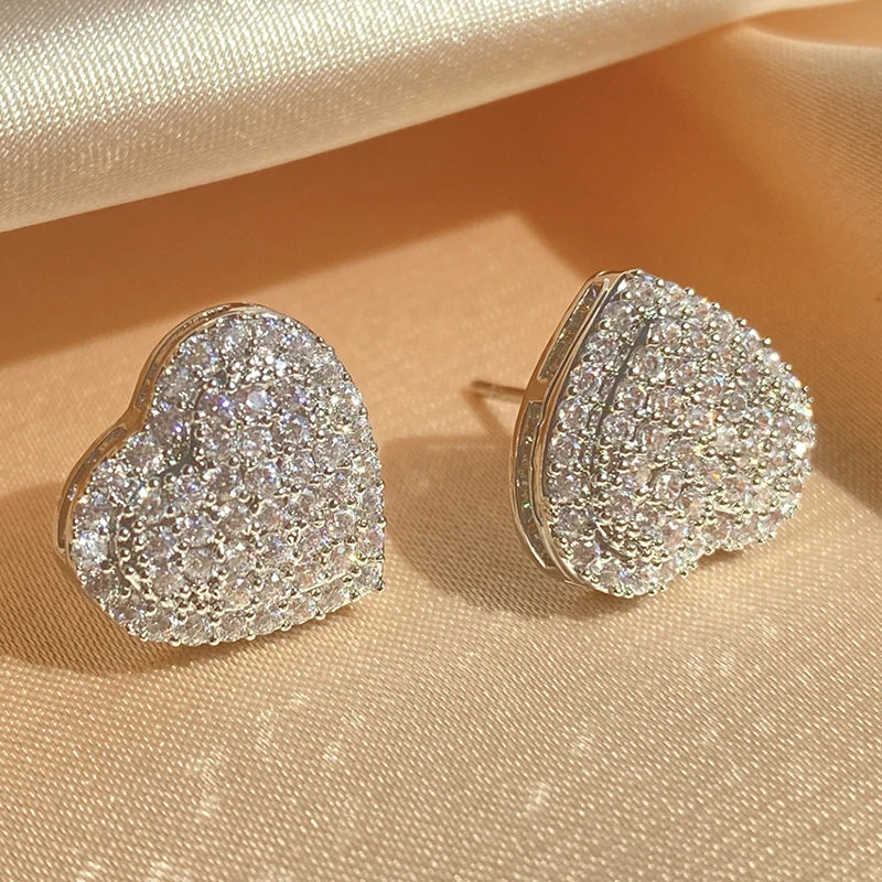 Loving Heart Zirconia Stud Earrings for Women Girls Silver Color Metal Crystal Ears Accessories Wedding Jewelry Gifts