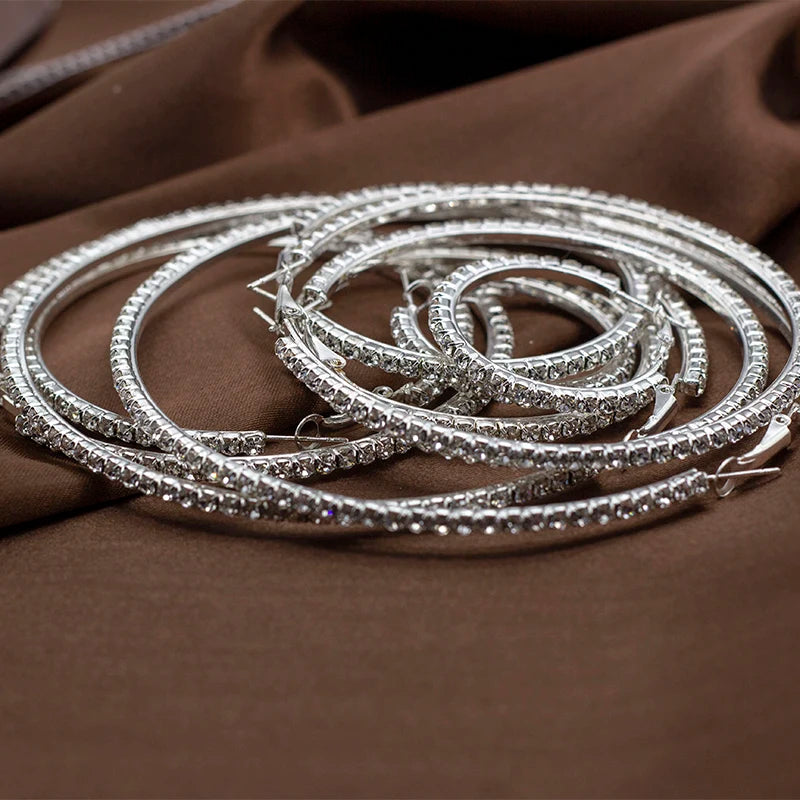 Popular Earring with Rhinestone 20Mm-90Mm Crystal Circle Hoop Earrings Simple Big Circle Silver Plated Hoop Earrings for Women