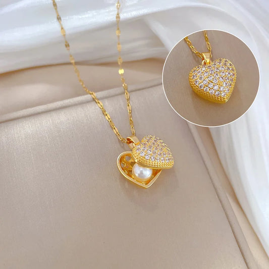 French Shell Pearl Necklace for Women Gold Color Stainless Steel Zircon Love Heart Clavicle Chain Choker Wedding Jewelry