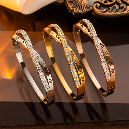 Classic Cross Roman Numeral Bracelet for Women Fashion Stainless Steel Rhinestone Bracelet Casual Party Luxury Jewelry Lady Gift
