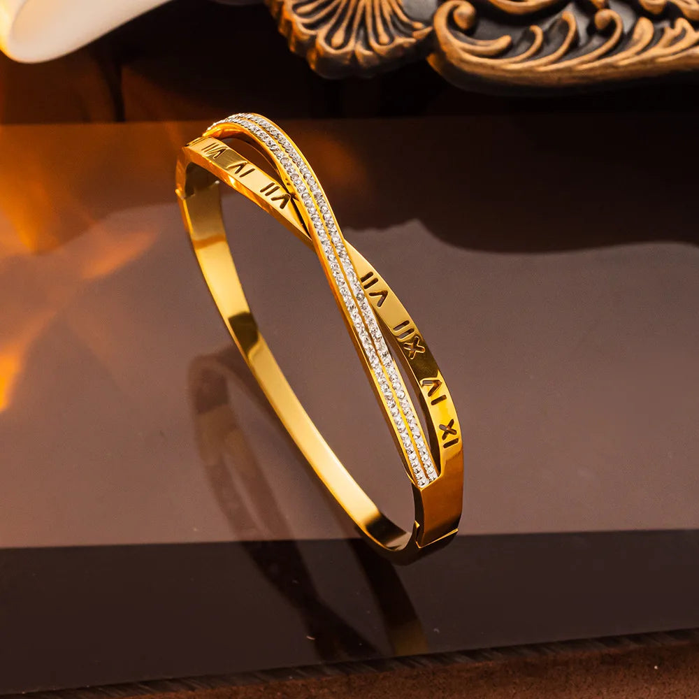 Classic Cross Roman Numeral Bracelet for Women Fashion Stainless Steel Rhinestone Bracelet Casual Party Luxury Jewelry Lady Gift