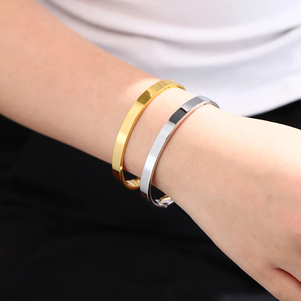 Hot Selling Women'S Simple Widened Glossy Fashionable Open Buckle Stainless Steel Bracelet, Vacuum Plated Non Fading
