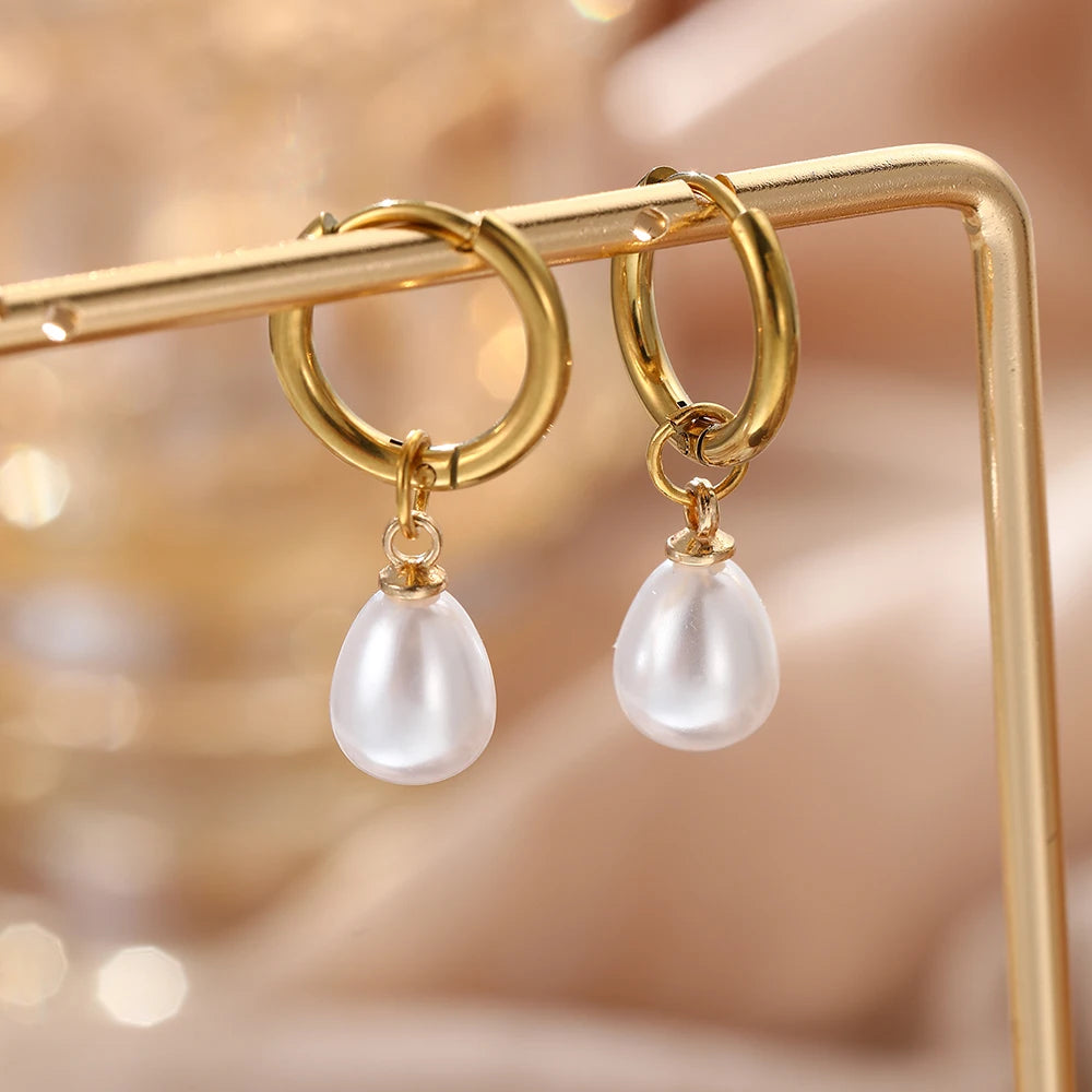 Stainless Steel Teardrop-Shaped Imitation Pearl Pendant Earrings Women'S Everyday Commute Elegant Style Ear Jewelry Accessories