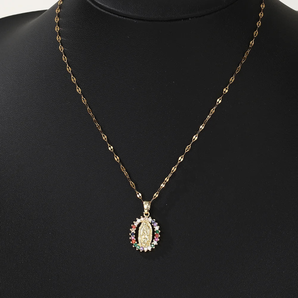 European and American Fashion and Gorgeous Women'S All Sky Star Micro Inlaid Colorful Zircon Virgin Mary Hollow Necklace