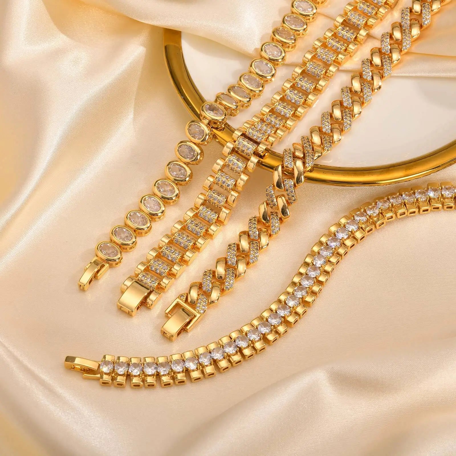 Paperclip Chain Bracelet 14K Gold Plated Cubic Zirconia Watch Strap Chunky Link Adjustable Stackable Jewelry for Women Girl Gift
