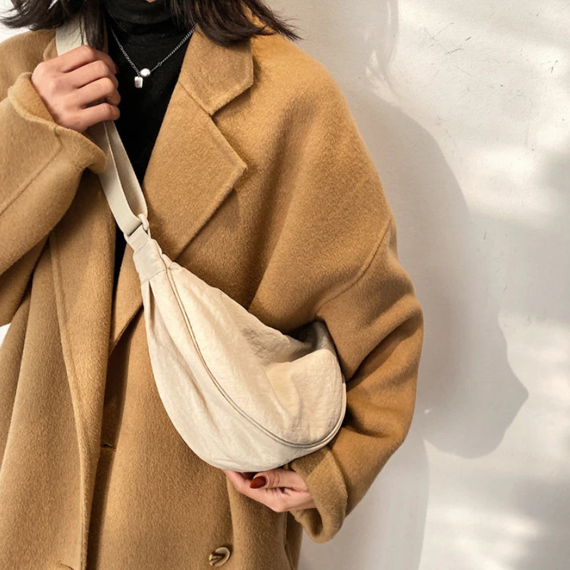 Solid Color Women'S Portable Shoulder Bag Simple Female Nylon Cloth Padded Crossbody Bags Travel Purse Handbags Messenger Bag