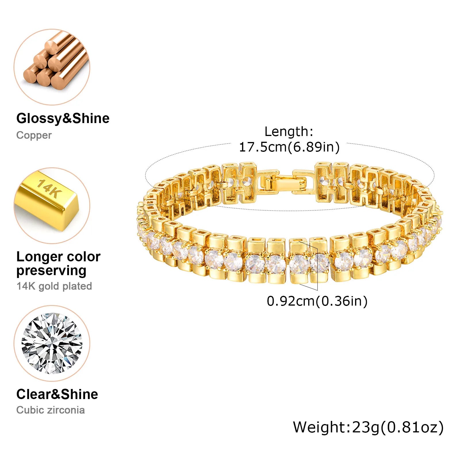 Paperclip Chain Bracelet 14K Gold Plated Cubic Zirconia Watch Strap Chunky Link Adjustable Stackable Jewelry for Women Girl Gift
