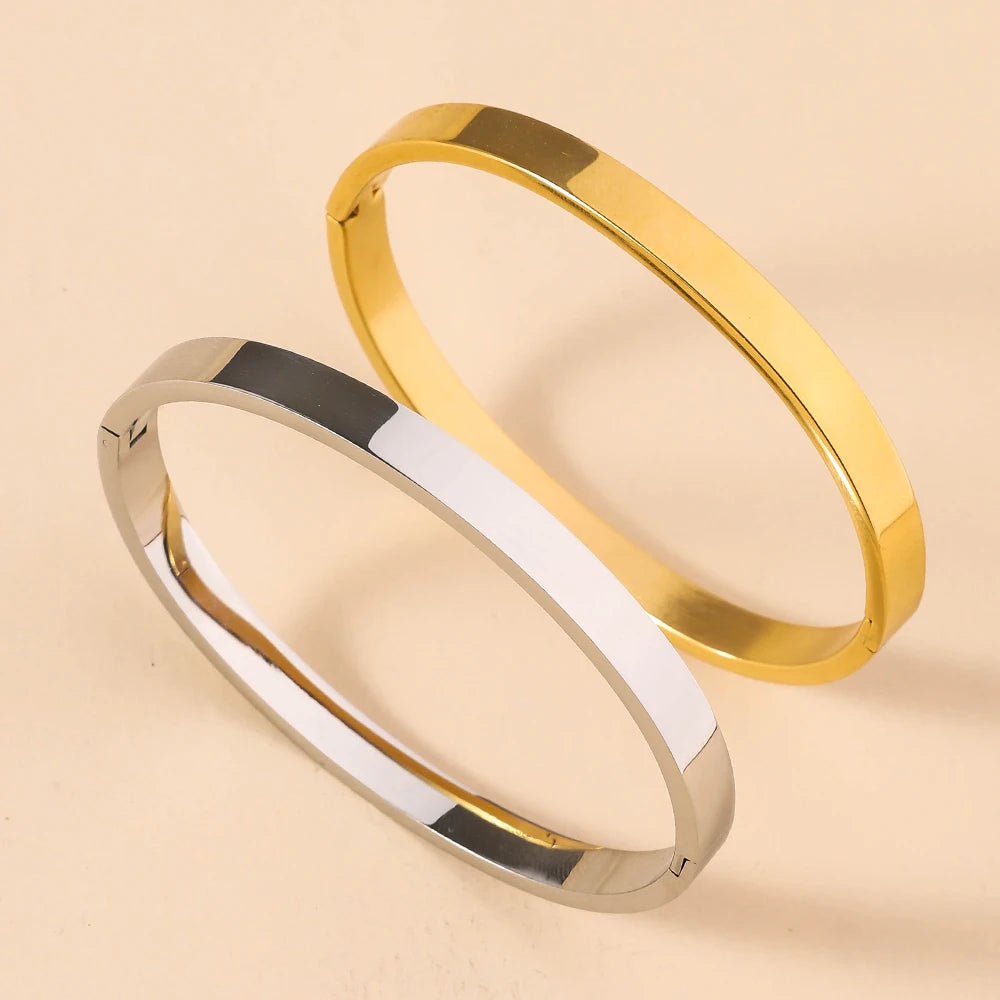 Hot Selling Women'S Simple Widened Glossy Fashionable Open Buckle Stainless Steel Bracelet, Vacuum Plated Non Fading