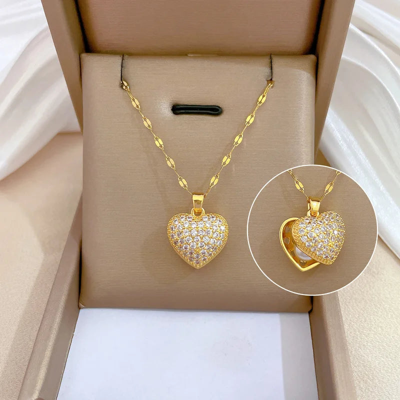 French Shell Pearl Necklace for Women Gold Color Stainless Steel Zircon Love Heart Clavicle Chain Choker Wedding Jewelry