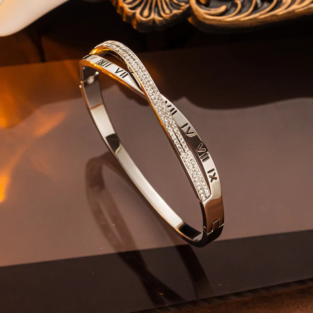 Classic Cross Roman Numeral Bracelet for Women Fashion Stainless Steel Rhinestone Bracelet Casual Party Luxury Jewelry Lady Gift