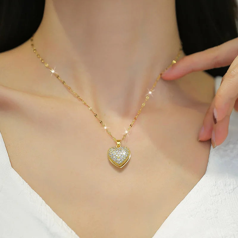 French Shell Pearl Necklace for Women Gold Color Stainless Steel Zircon Love Heart Clavicle Chain Choker Wedding Jewelry