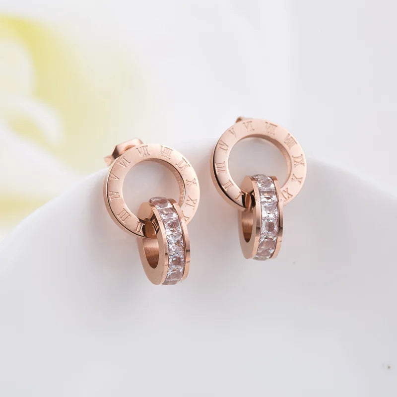 316 Stainless Steel Shine AAA CZ Diameter Roman Numeral Stud Earrings for Women High Quality Brand Jewelry