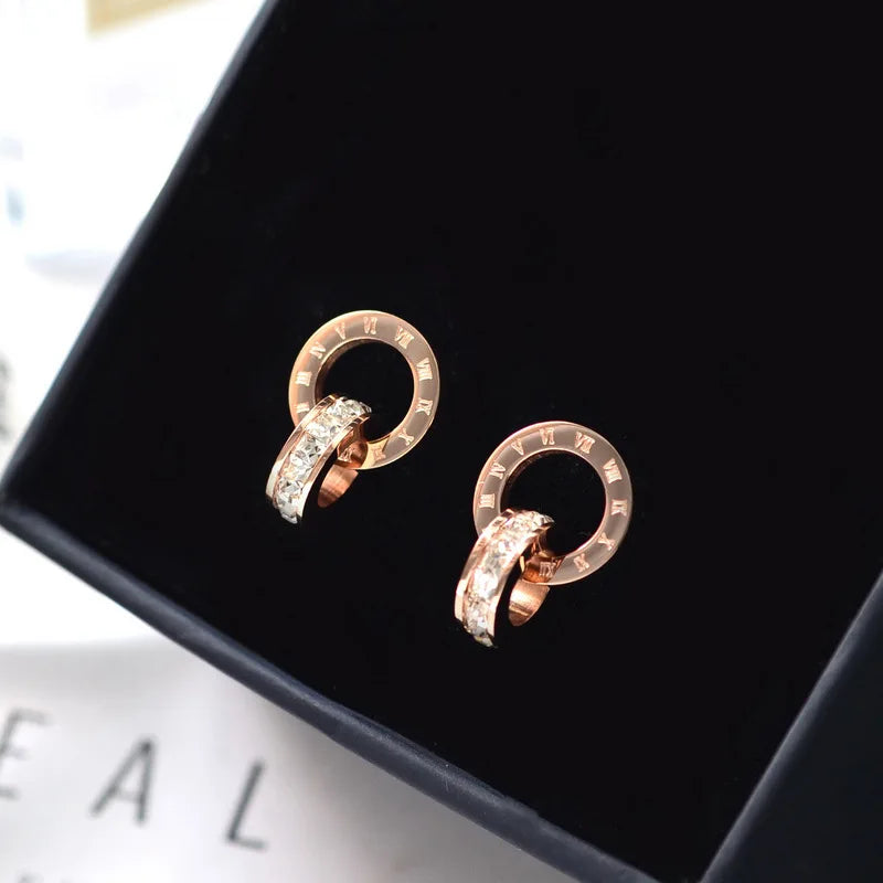 316 Stainless Steel Shine AAA CZ Diameter Roman Numeral Stud Earrings for Women High Quality Brand Jewelry