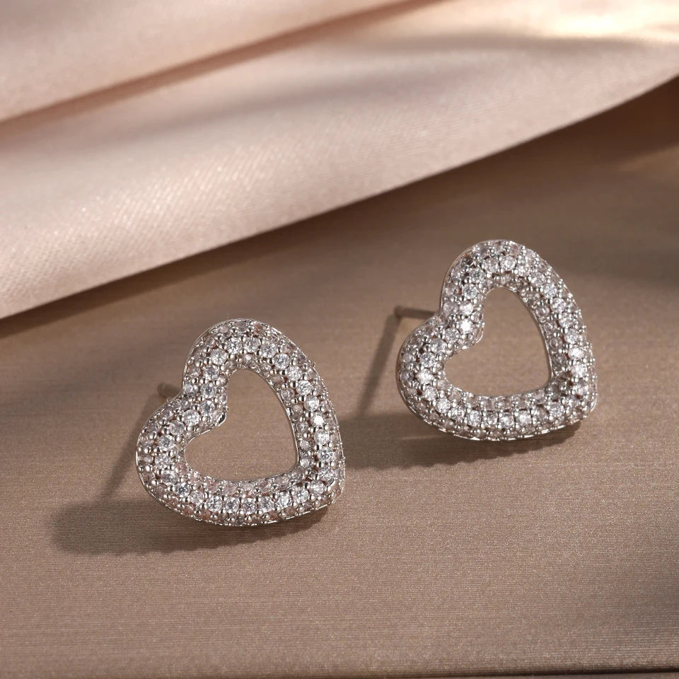 Loving Heart Zirconia Stud Earrings for Women Girls Silver Color Metal Crystal Ears Accessories Wedding Jewelry Gifts