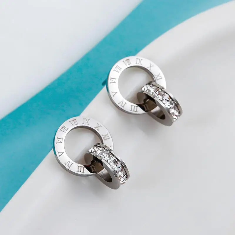 316 Stainless Steel Shine AAA CZ Diameter Roman Numeral Stud Earrings for Women High Quality Brand Jewelry