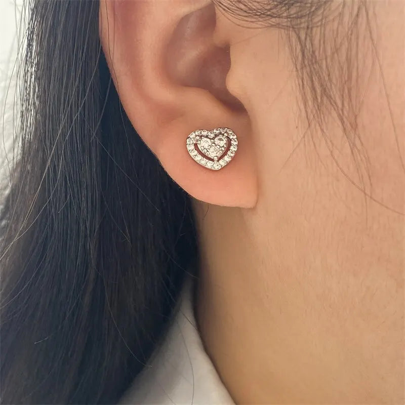 Loving Heart Zirconia Stud Earrings for Women Girls Silver Color Metal Crystal Ears Accessories Wedding Jewelry Gifts