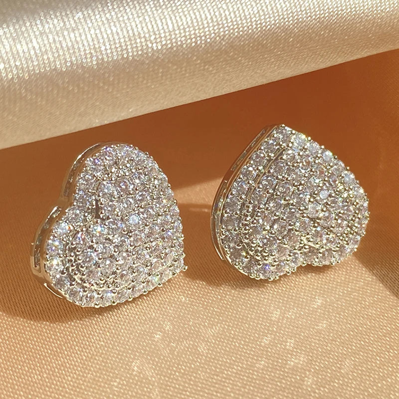 Loving Heart Zirconia Stud Earrings for Women Girls Silver Color Metal Crystal Ears Accessories Wedding Jewelry Gifts
