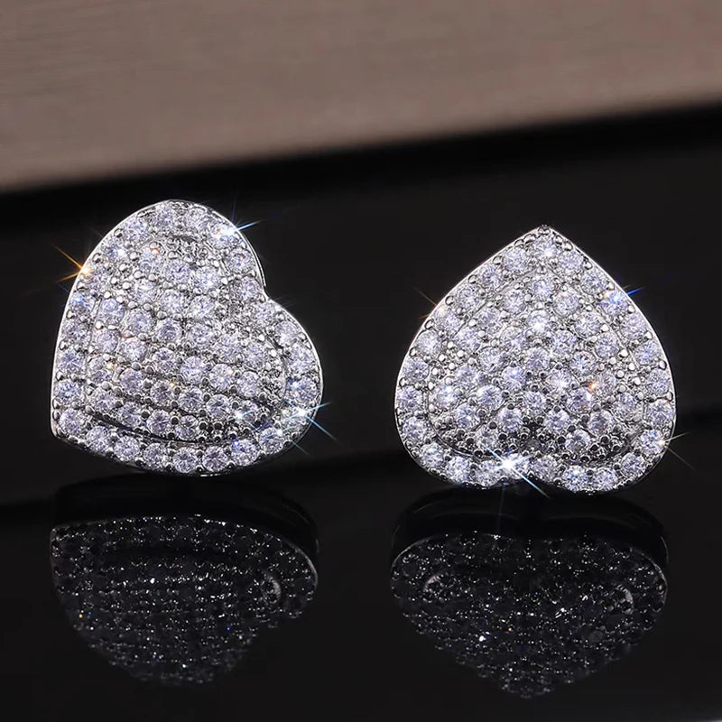 Loving Heart Zirconia Stud Earrings for Women Girls Silver Color Metal Crystal Ears Accessories Wedding Jewelry Gifts