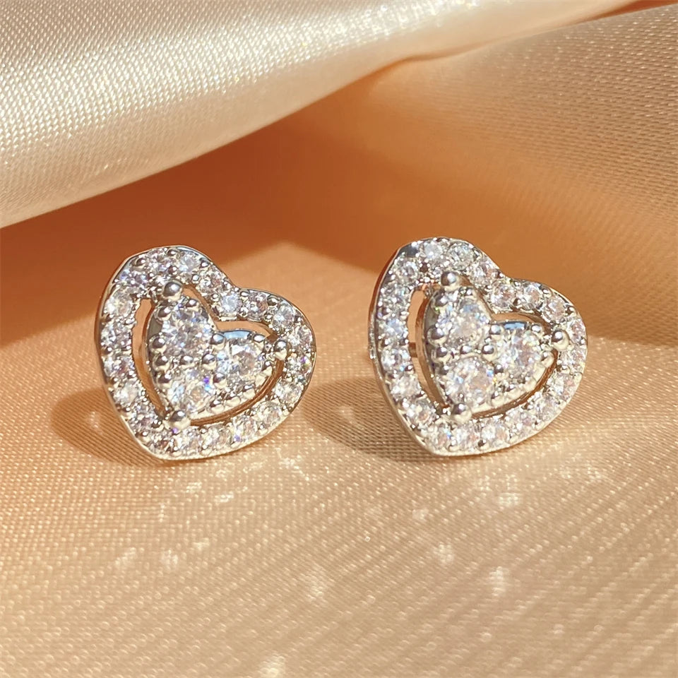 Loving Heart Zirconia Stud Earrings for Women Girls Silver Color Metal Crystal Ears Accessories Wedding Jewelry Gifts