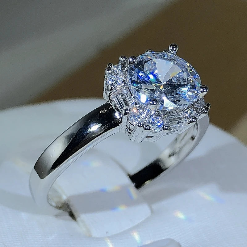 Original Four-Claw 925 Silver Color Wedding Rings for Women Square AAAAA Big White Zircon Engagement Rings Jewelry