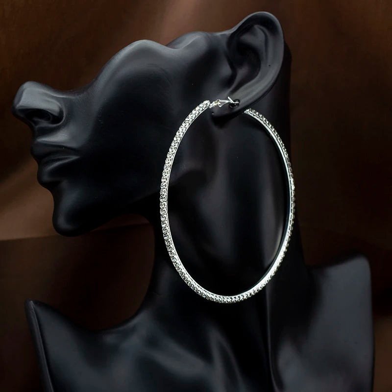 Popular Earring with Rhinestone 20Mm-90Mm Crystal Circle Hoop Earrings Simple Big Circle Silver Plated Hoop Earrings for Women