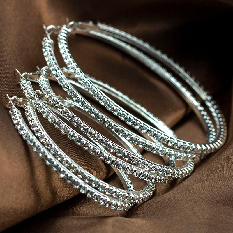 Popular Earring with Rhinestone 20Mm-90Mm Crystal Circle Hoop Earrings Simple Big Circle Silver Plated Hoop Earrings for Women