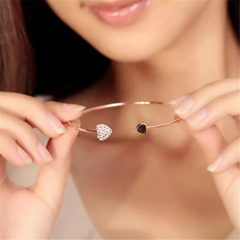 Fashion Adjustable Crystal Double Heart Bow Bilezik Cuff Opening Bracelet for Women Jewelry 2026 New Years Gift Mujer Pulseras