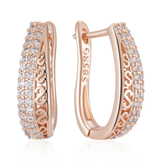 Trendy 585 Rose Gold Color Hoop Earrings for Women Luxury Natural Zircon Accessories Vintage Bride Wedding Jewelry