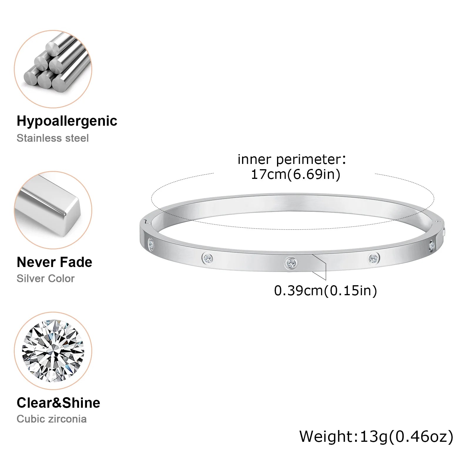 Luxurious Cubic Zircon Openable Bracelet for Women ,Stainless Steel round Bangle Bracelets,Charm Jewelry Gifts
