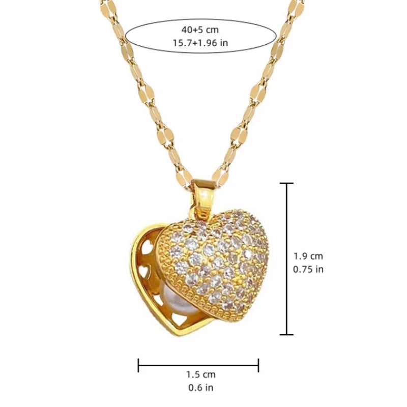 French Shell Pearl Necklace for Women Gold Color Stainless Steel Zircon Love Heart Clavicle Chain Choker Wedding Jewelry