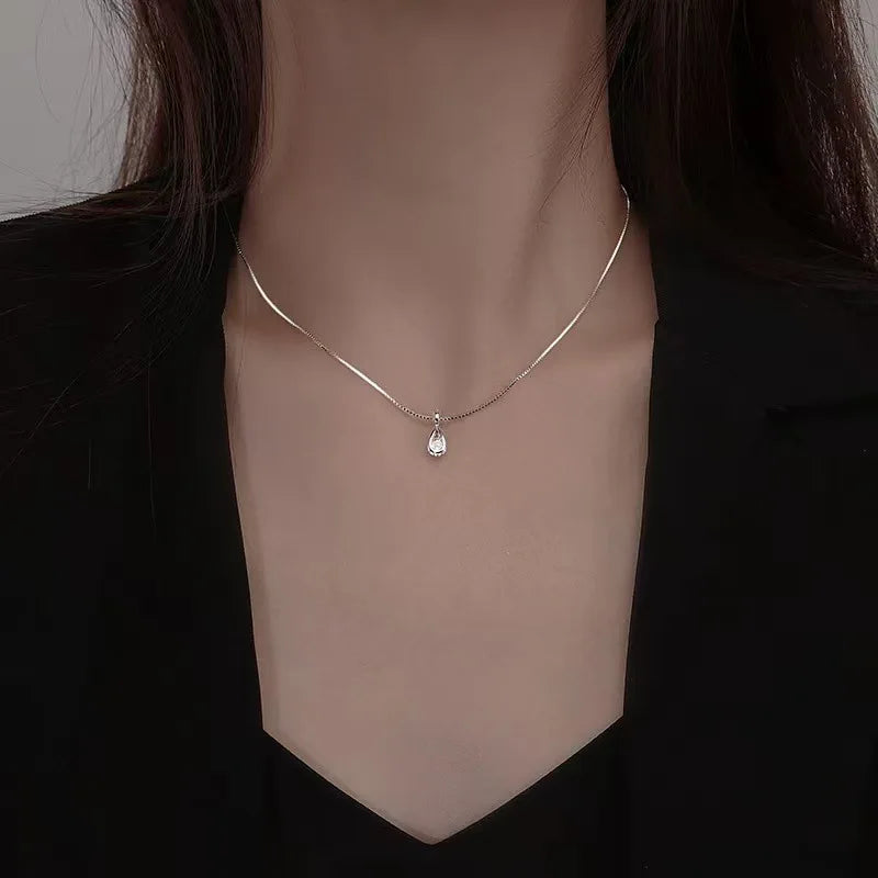 New 925 Sterling Silver Zircon Water Droplet Necklace with Shimmering Geometric Collarbone Chain for Women'S Minimalist Jewelry
