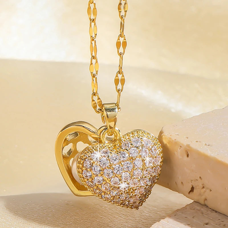 French Shell Pearl Necklace for Women Gold Color Stainless Steel Zircon Love Heart Clavicle Chain Choker Wedding Jewelry