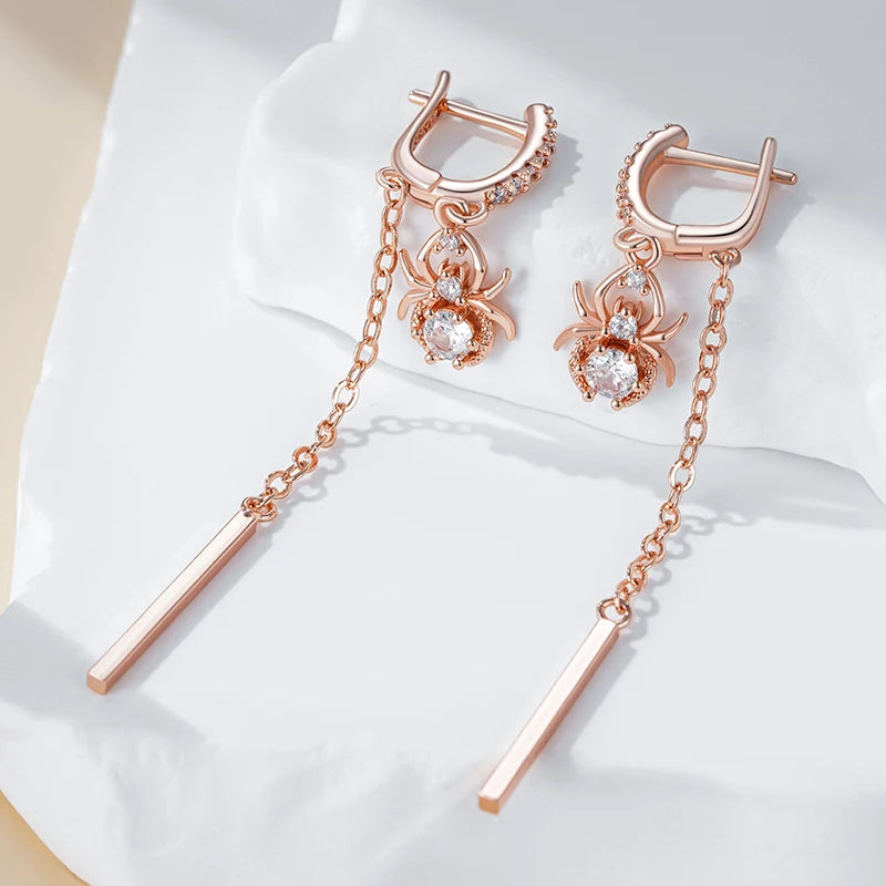 Hot Trend Long Tassel Spider Dangle Earrings for Women Fashion 585 Rose Gold Color with Natural Zircon Fine Daily Jewelry