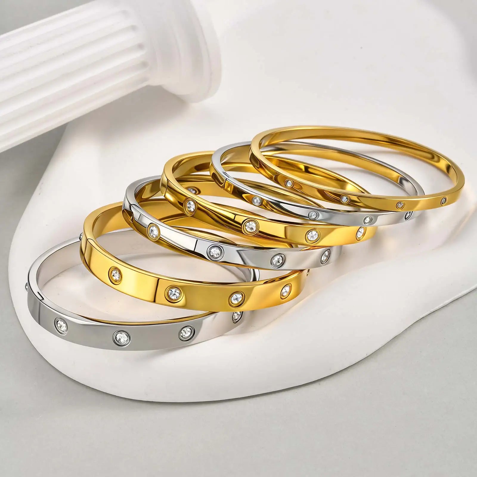 Luxurious Cubic Zircon Openable Bracelet for Women ,Stainless Steel round Bangle Bracelets,Charm Jewelry Gifts