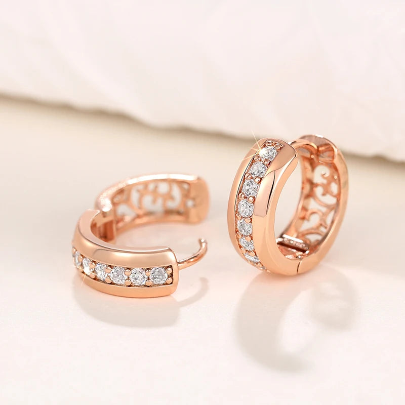 Rose Gold Color Hoop Earrings for Women Inlaid Shiny Crystal CZ Simple Elegant Girls Circle Earrings Statement Jewelry