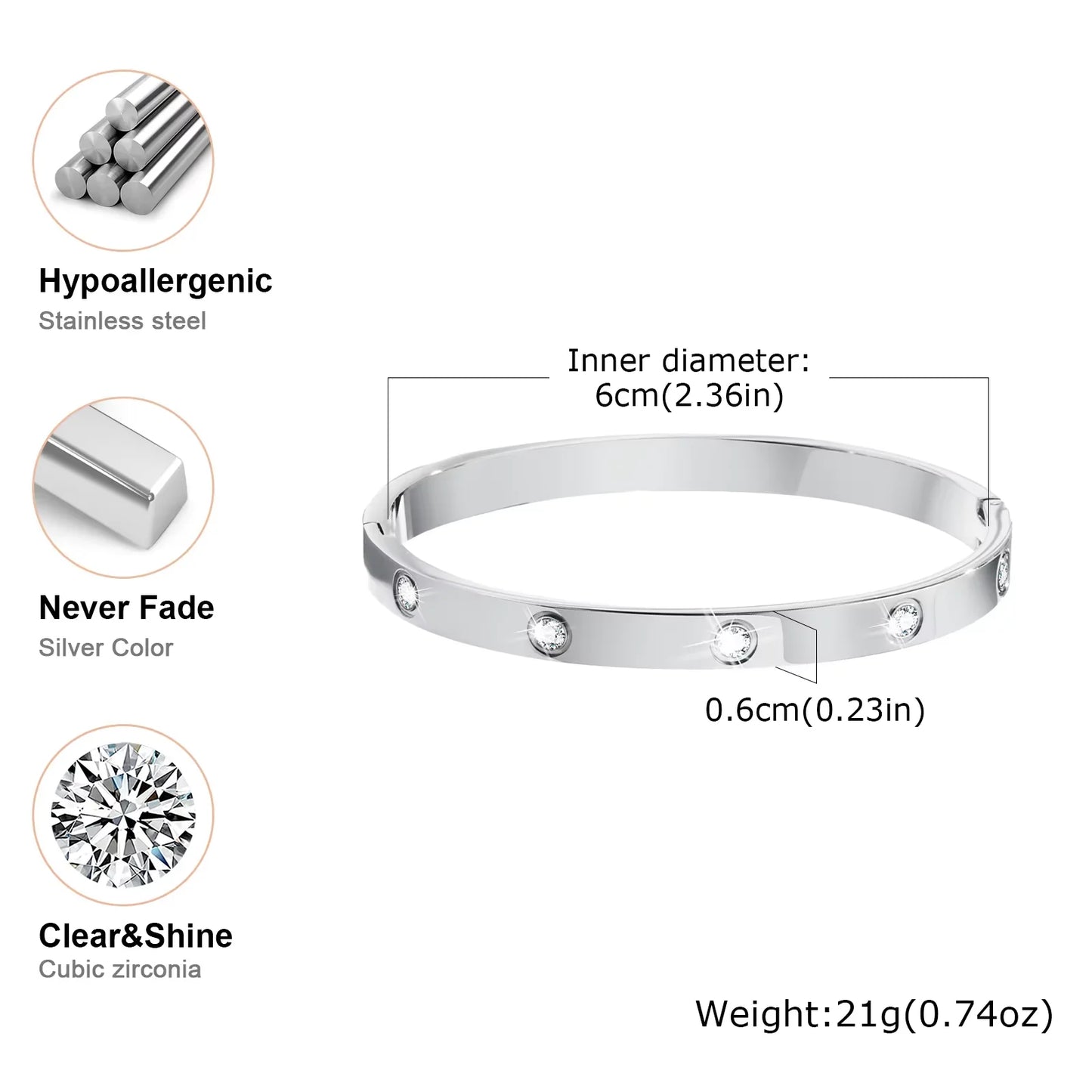 Luxurious Cubic Zircon Openable Bracelet for Women ,Stainless Steel round Bangle Bracelets,Charm Jewelry Gifts