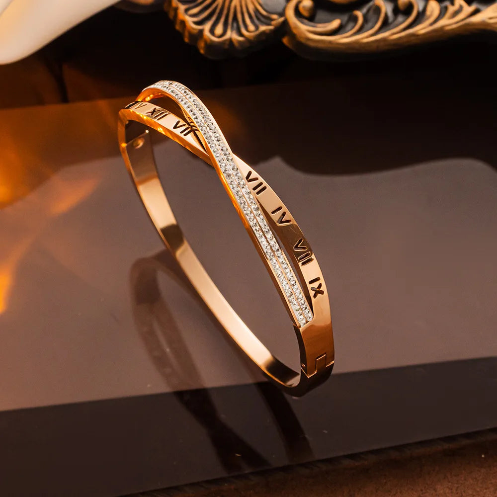 Classic Cross Roman Numeral Bracelet for Women Fashion Stainless Steel Rhinestone Bracelet Casual Party Luxury Jewelry Lady Gift