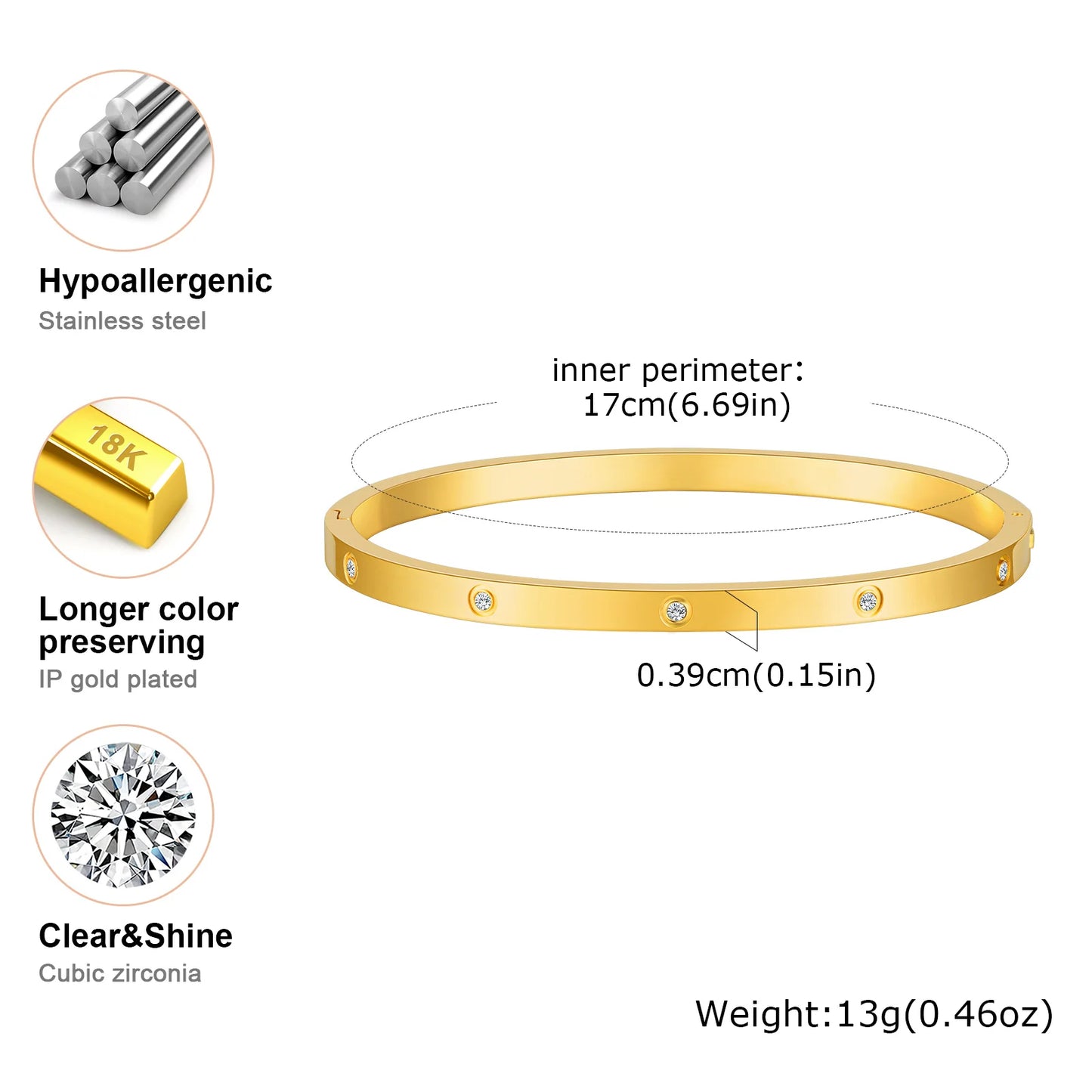 Luxurious Cubic Zircon Openable Bracelet for Women ,Stainless Steel round Bangle Bracelets,Charm Jewelry Gifts