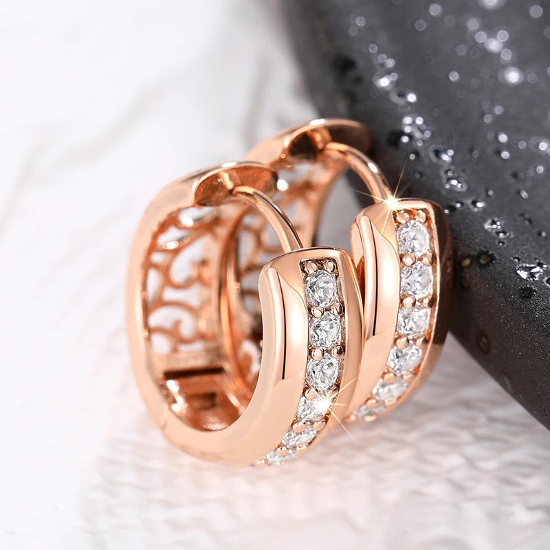 Rose Gold Color Hoop Earrings for Women Inlaid Shiny Crystal CZ Simple Elegant Girls Circle Earrings Statement Jewelry