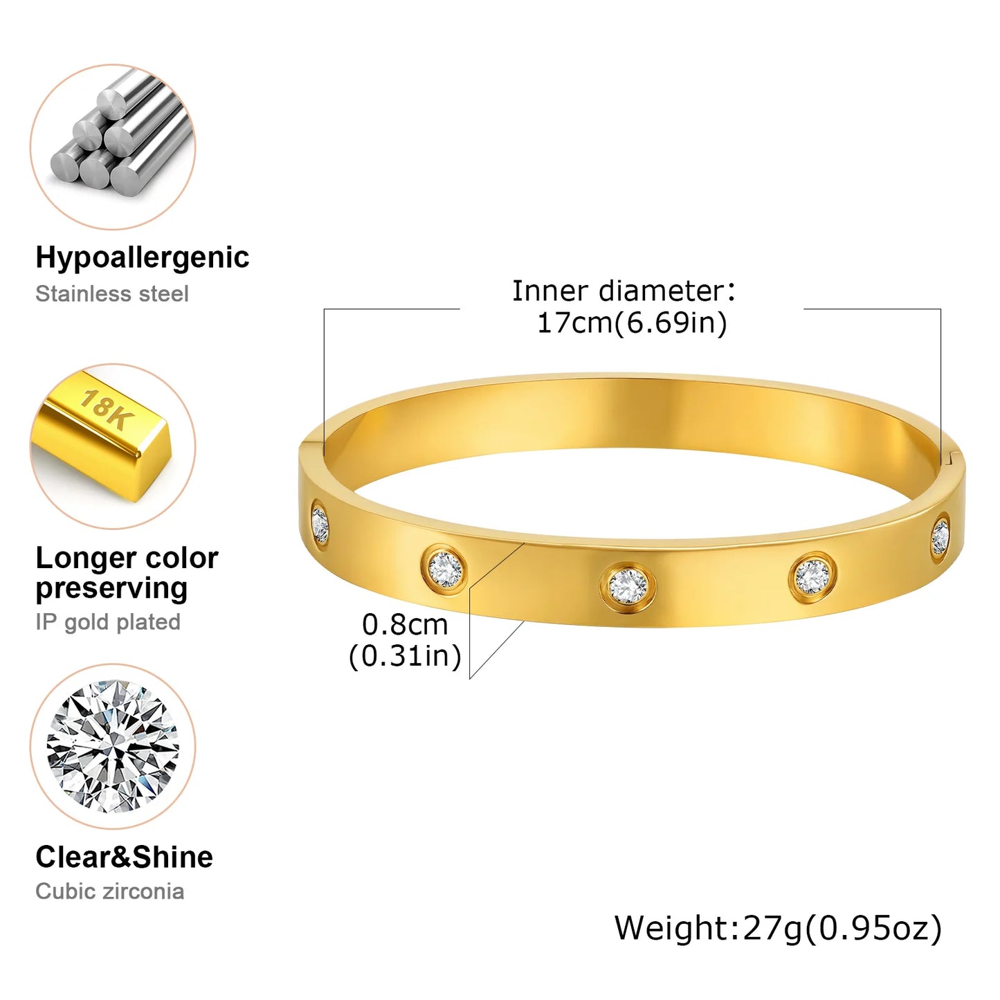 Luxurious Cubic Zircon Openable Bracelet for Women ,Stainless Steel round Bangle Bracelets,Charm Jewelry Gifts