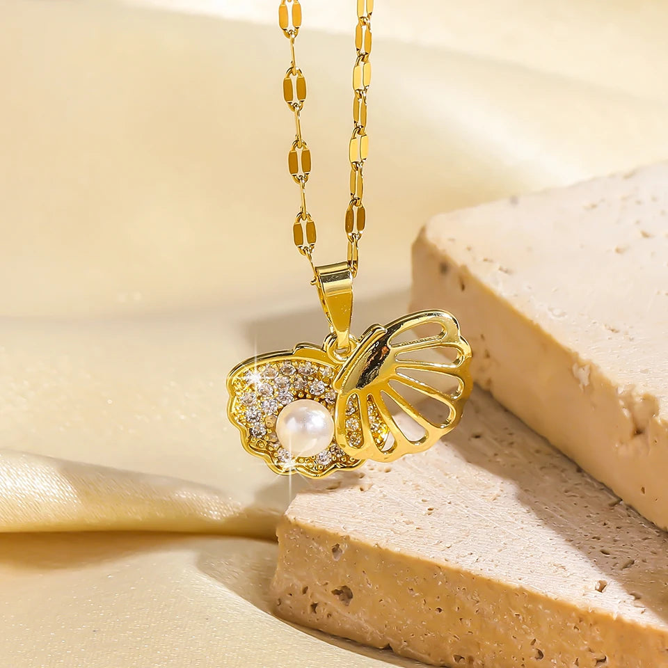 French Shell Pearl Necklace for Women Gold Color Stainless Steel Zircon Love Heart Clavicle Chain Choker Wedding Jewelry