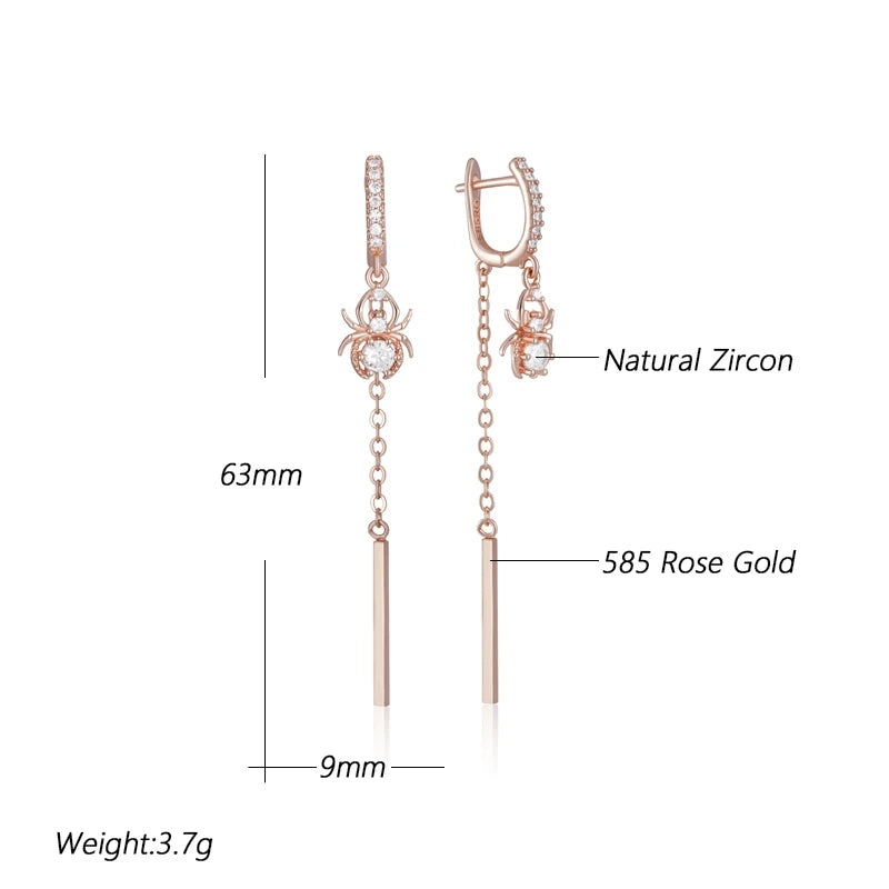 Hot Trend Long Tassel Spider Dangle Earrings for Women Fashion 585 Rose Gold Color with Natural Zircon Fine Daily Jewelry