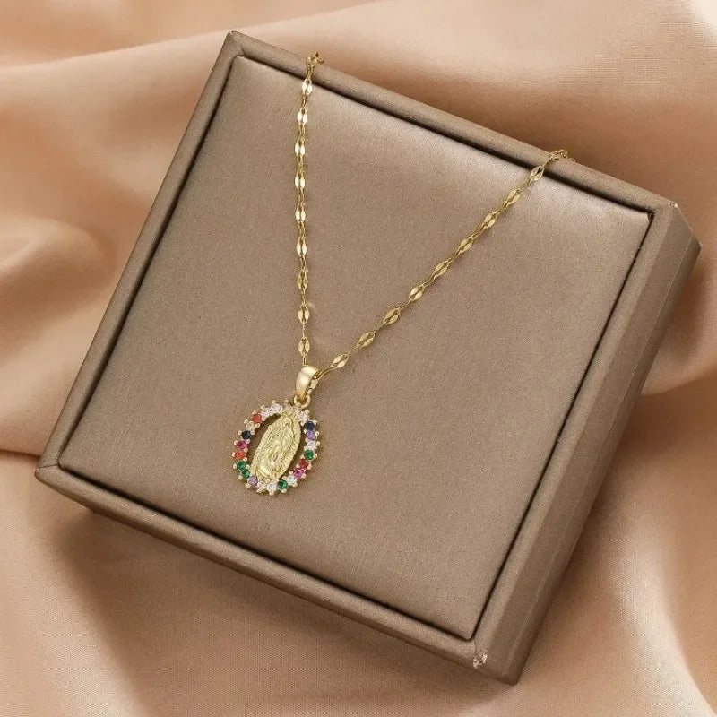 European and American Fashion and Gorgeous Women'S All Sky Star Micro Inlaid Colorful Zircon Virgin Mary Hollow Necklace