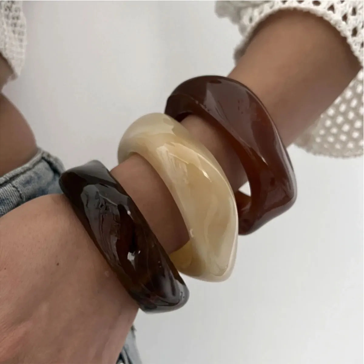 Vintage Punk Brown Coffee Thick Resin Acrylic Bangles Geometric Irregular Wide Cuff Bangle Bracelet for Women Men Jewelry