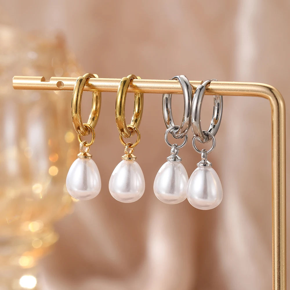 Stainless Steel Teardrop-Shaped Imitation Pearl Pendant Earrings Women'S Everyday Commute Elegant Style Ear Jewelry Accessories