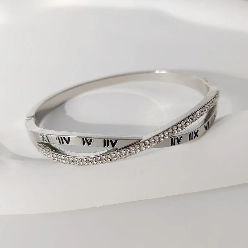Classic Cross Roman Numeral Bracelet for Women Fashion Stainless Steel Rhinestone Bracelet Casual Party Luxury Jewelry Lady Gift